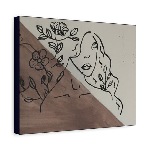 Witty Waters abstract line art canvas featuring a woman's face with floral accents on a split taupe and off-white background.
