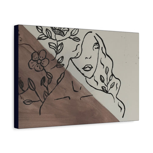 Witty Waters abstract line art canvas featuring a woman's profile with floral elements on a diagonal taupe and off-white background.